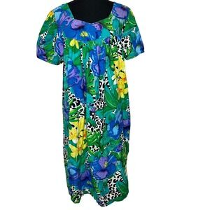Phases Hawaiian Floral Leopard Print Midi Dress Square Neck Short Sleeve Women L